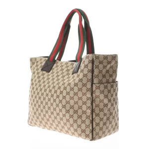 Gucci Sherry Ebony Brown Beige Tote Bag GG Canvas Leather